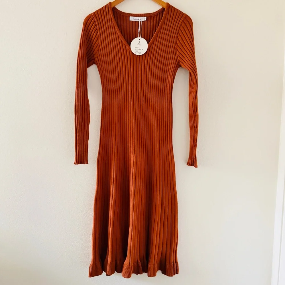 NWT Anrabess Long Sleeve Ribbed Bodycon Sweater Dress - Rust Red Brown - Picture 2 of 4